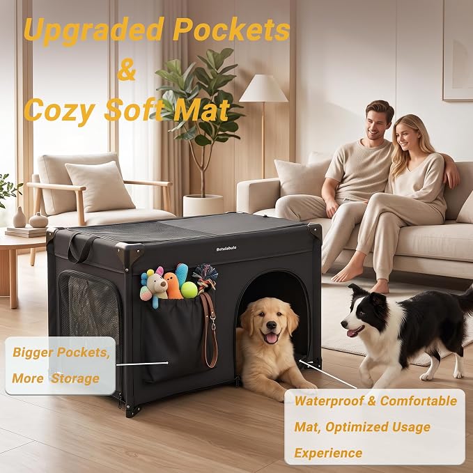 36 Inch Collapsible Travel Dog Crate, 4 Doors & Soft Pet Mat | Portable Dog Travel Crate for Medium Dogs,Large Storage Bag & Breathable Mesh,Soft Sided Dog Crate for Indoor & Outdoor Black