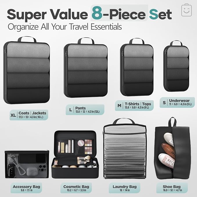 Veken 8 Set Compression Packing Cubes Garment Bags for Travel Essentials,Compressible Expandable Luggage Organizer Bags for Clothing,Space Saver Bags with Over 1000 pcs of Mesh Holes(Black)