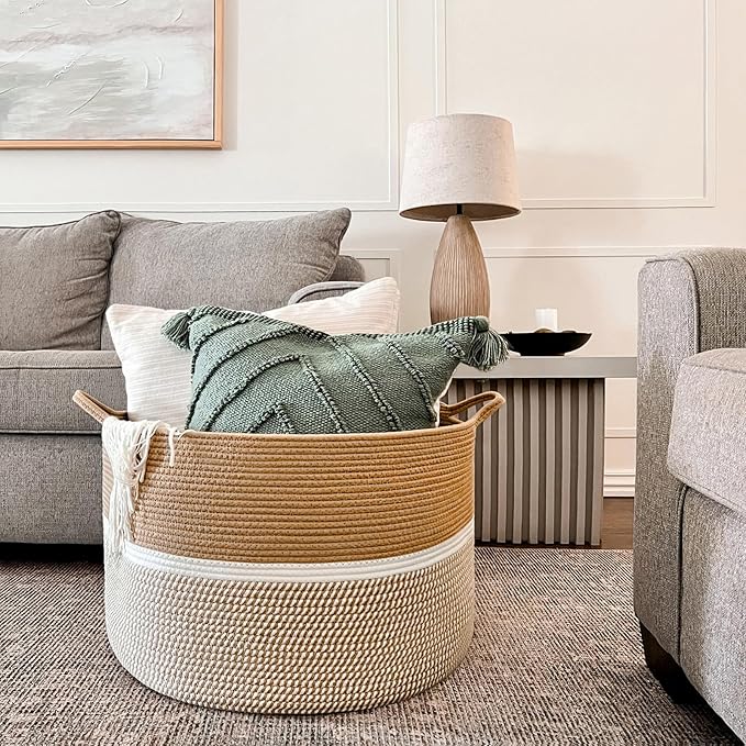 CHICVITA XXL Cotton Rope Woven Blanket Basket with Handles, Brown & White | Extra large 22x22x14in storage basket doubles as clothes hamper. Decorative for living room, nursery