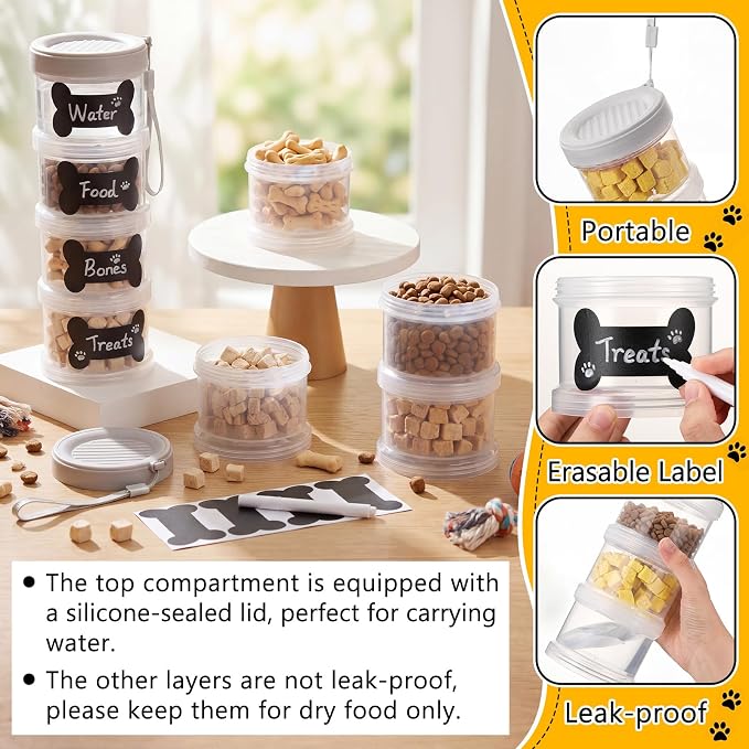 4 Layer Travel Dog Food Container Mini Dog Treat Jars Leakproof Stackable with Label and Pen for Customizing Portable with Lanyard for Outdoor Walking Camping Travel Training Home
