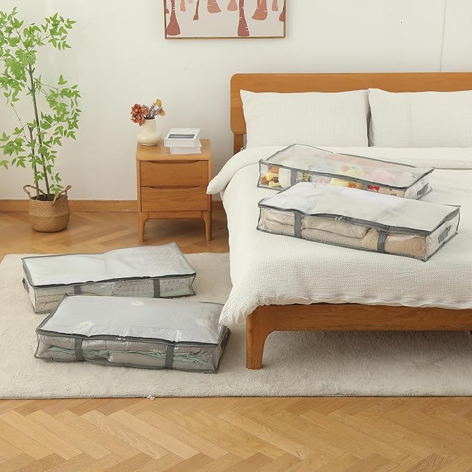 3 Pack Under Bed Storage Bags, Humid-proof Material Plastic Underbed Storage Containers, Blanket/Clothes Storage Bins with Lid, Closet/Bedding Comforter/Sheet Storage and Organizer