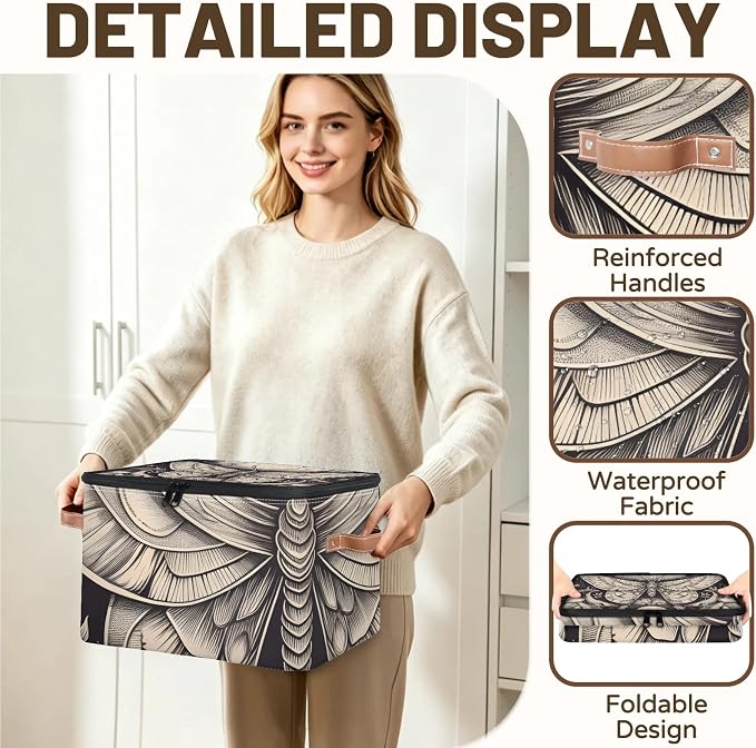 Boho Witchy Moth Foldable Storage Bin with Lid Zipper | Closet Shelf Organizer, Boxes, Basket Containers for Home, Lidded Storage Cube for Bedroom, Waterproof, with Handles