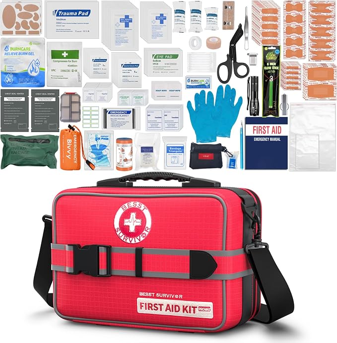Besst Survivor 401 Pieces First Aid Kit with 2 Chest Seals & Israeli Bandage -Waterproof, Expandable Trauma Bag for Home, Car, Camping, Outdoor Emergency (Labeled Compartments, MOLLE Mountable)