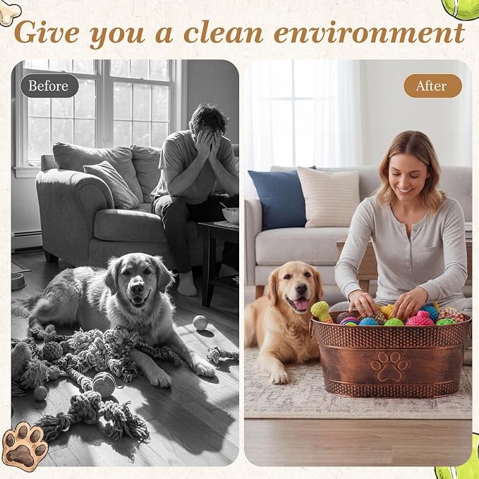 Zonon Metal Dog Toy Storage Bin with Handles 21 Quart Vintage Decorative Basket for Dog Ropes Food Living Room Decor, Galvanized Steel Pet Toy Organizer, 18x11.5x7.5 Inch (Dog's Paw)