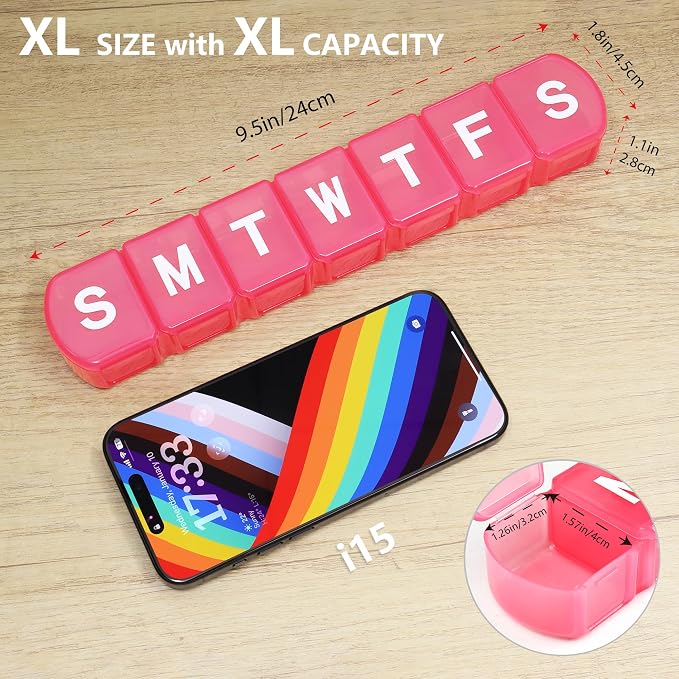XL Weekly Pill Organizer 7 Day, MOLN HYMY Extra Large 1 Week Pill Dispenser Case, Daily Medicine Organizer to Hold Medication, Vitamins, Fish Oils and Supplement (Pink