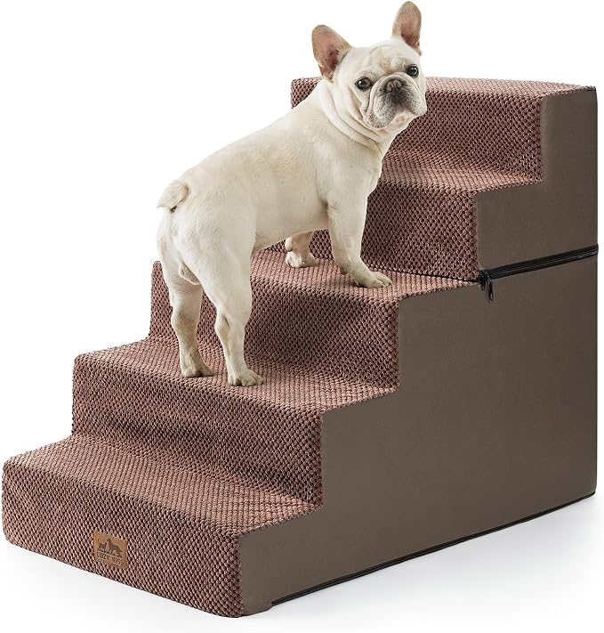 COZY KISS Dog Stairs for Small Dogs, 5 Step Pet Stairs for Beds & Couches | 23.6" Extra Wide Non-Slip Dog Steps with Removable Tiers & Support Board for Puppies, Older Cats & Dogs, Brown