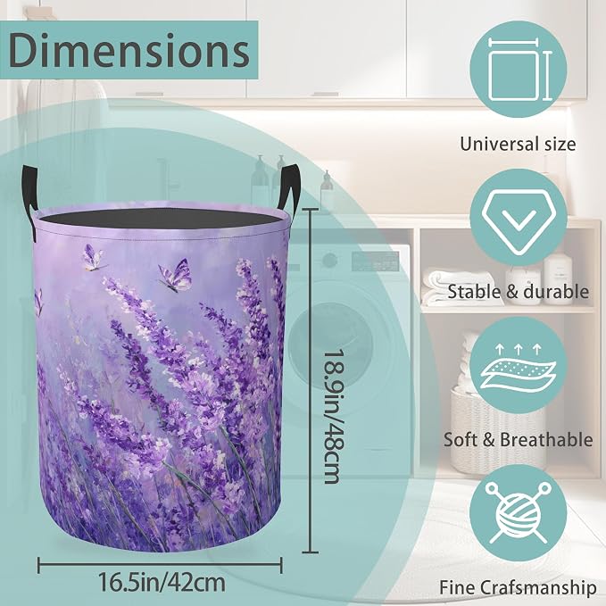 Purple Lavender Round Laundry Basket Collapsible Laundry Hamper with Handles Toys Clothes Organizer Bin For Home Bathroom Bedroom Dorm Nursery