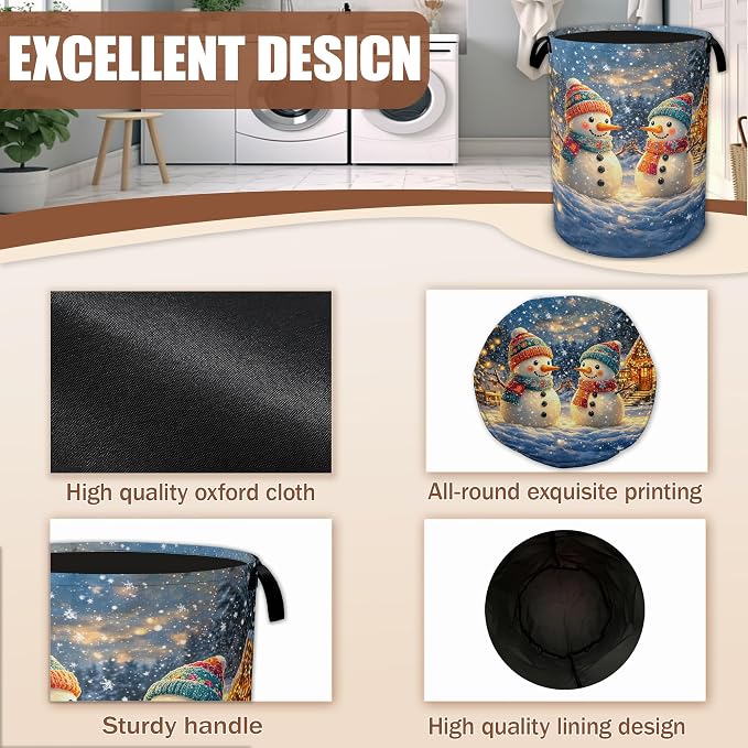 Cute Snowman Laundry Basket,Christmas Laundry Hamper Waterproof Oxford Cloth Tote Bag,Clothes Storage Bucket Decorative Toy Organizer for Bathroom Bedroom 16" x 20.8"