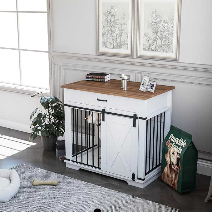 37.8'' Dog Crate Furniture with Storage Drawer, Decorative Wooden Dog Kennel with Sliding Barn Door, Indoor Water Resistant Cage for Pet, Small, Medium, Large Dog (White)