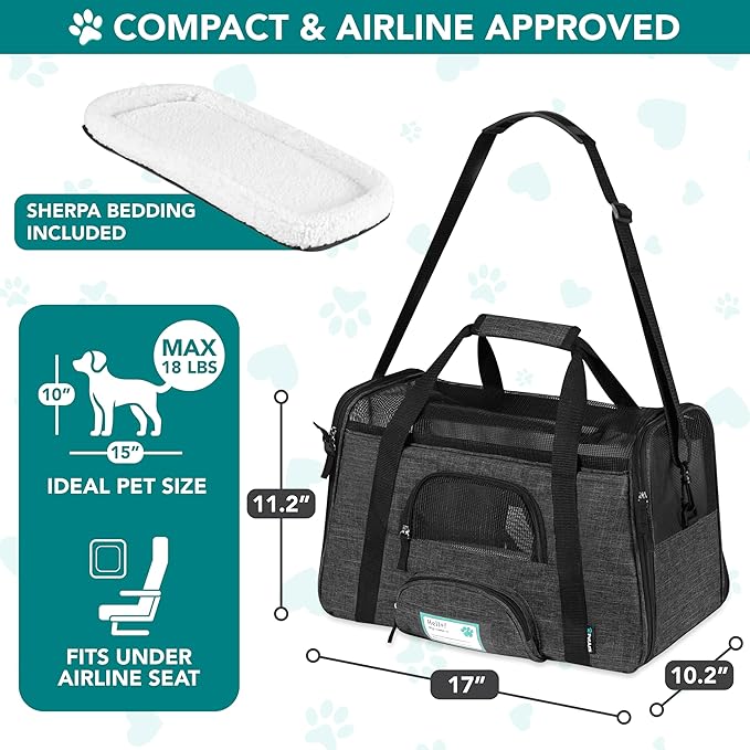 PetAmi Airline Approved Pet Carrier Cats Small Dogs, Small Heather Charcoal | Soft Sided TSA Travel Bag, Sherpa Bed, Breathable Mesh Ventilation, Collapsible Bowl, Fits Under Seat, Up to 18 lbs