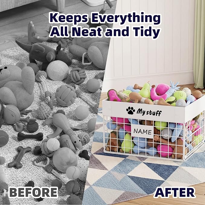 Kaiferty Indestructible Large Dog Toy basket, Chew-Proof Medium Toy Bin for Dogs, Pet Toy Bin Dog Metal Basket for Toys, Puppy Toy Storage Organizer Blankets, Toy Box for Living Room Area (White)