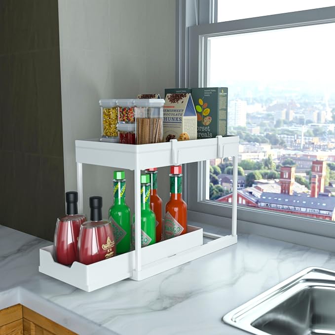 DEKAVA Cabinet, 2 Pack Under Sink Organizer, 2 Tier Sliding Bathroom Kitchen Organizer, Large White ABS Baskets, Easy Install & Clean
