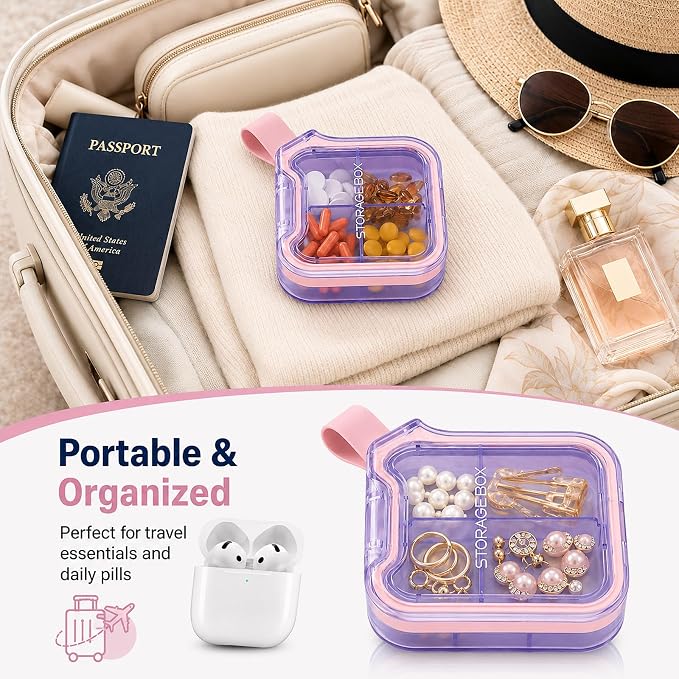 Travel Pill Organizer with Silicone Carry Loop, Portable Medicine Case | 4 Compartments Compact Pill Box for Vitamins Supplements Daily Medications, Purse Backpack Office