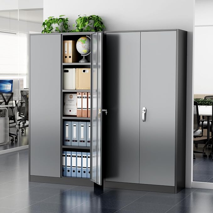 Greenvelly Metal Storage Cabinet with Doors and Shelves, 72" Inch Locking Metal Cabinet,Garage Storage Cabinet for Garage Office School Warehouse (Black Gray)