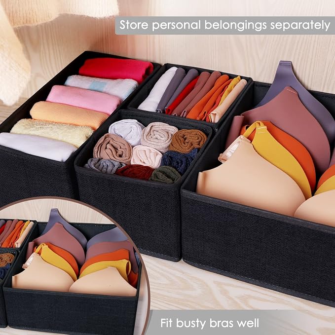 6 Pack Clothes Drawer Organizer Dividers, Fabric Foldable Closet Dresser Drawer Organizer for Clothing, Bra Sock Underwear Drawer Organizer for Nursery Bedroom Organization (6 Bins, Black)