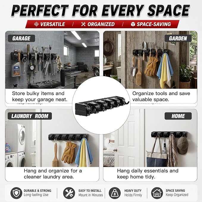 HYRIXDIRECT Broom Hanger Wall Mount, Broom Mop Organizer for Garage | 5 slots, 6 hooks, 7.5 lbs/slot, heavy-duty, space-saving, fits long-handled tools, mops, rakes, shovels, garage, shed