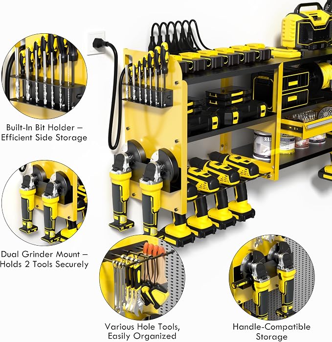 KSVO Large Power Tool Organizer Wall Mount with Locking Drawers, Yellow | Grinder Holder, Hammer & Pliers Rack, 6-Outlet Charging Shelf, Heavy-Duty Metal Storage for Garage & Workshop