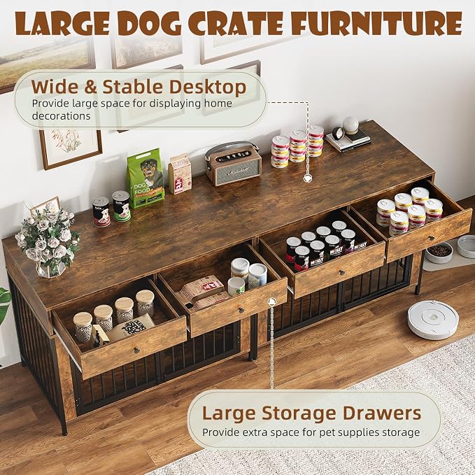 LEMBERI 44 Inch Large Dog Crate Furniture with Storage Drawers, Wooden Dog Kennel Furniture as TV Stand, Decorative Pet Cage Dog House Indoor for Dogs, Brown 2 Pack