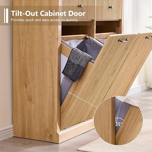 IFGET Double Tilt-Out Trash Cabinet, Laundry Hamper Cabinet, Natural Oak