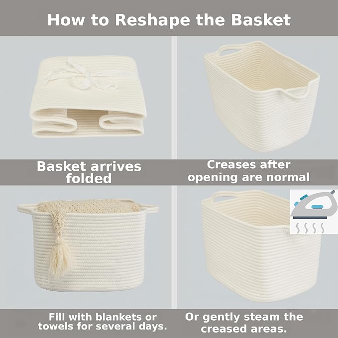 XUANGUO Woven Cotton Rope Storage Basket with Handles 13x10x9 inch White | 13" x 10" x 9" woven cotton rope basket for shelves and closets. Perfect for toys, books, towels, clothes and nursery storage