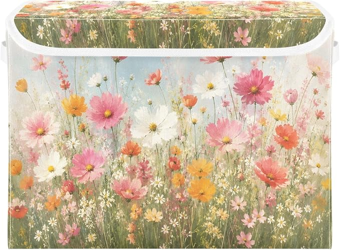 Fabric Storage Bins with Lid Flower Garden Closet Storage Basket 40L | Decorative Storage Boxes, Foldable & Stackable, Dust-Proof Flip Top, Reinforced Handles, For Home & Dorm, Clothes & Toy Box