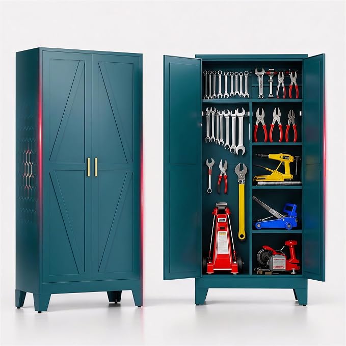71" H Metal Garage Storage Cabinets,Broom Closet Storage Cabinet,Utility Cabinet,Blue Storage Cabinets