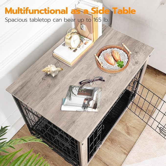 HOOBRO Dog Crate Furniture, 38.6" Large Dog Kennel Indoor, Wooden Cage with Pull-Out Tray, Double Doors Pet House Side End Table for Large/Medium/Small Dogs, Greige BG982GW03