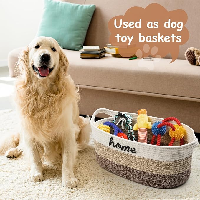 Dog Toy Basket Woven Baskets for Organizing Rope 22"X11"X7.9" Large Storage Basket with Handle Cute Cotton Nursery Gift Dog Toy Bins Organizer-Light Brown