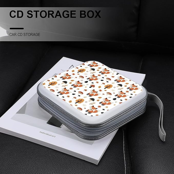 Protective 40-Disc CD/DVD Wallet Cute Fox Fall Mushrooms, Hard Plastic Storage Binder with Handle, Portable Organizer for Car Office Travel