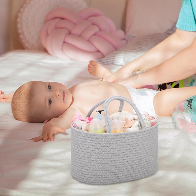 COMSE Baby Diaper Caddy Organizer with Handles, Cotton Rope, Cool Gray
