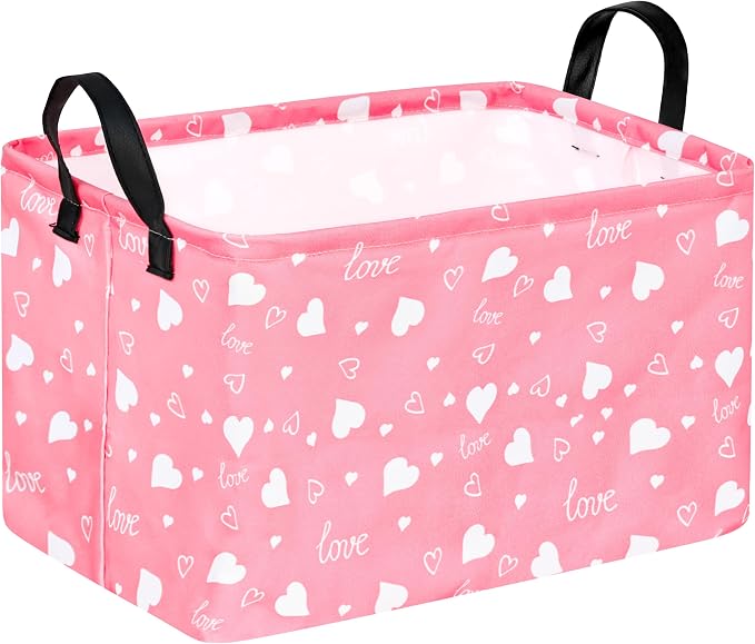 Kid Storage Basket Gift Shelf Basket Toy Storage Bin, Nursery Basket Organizer Box for With Handles for Room Deco Heart Pattern Valentine's Storage Basket