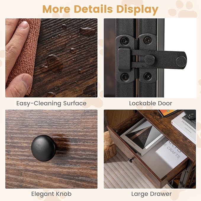 Giantex Dog Crate End Table with Charging Station, Small Dog Kennel Furniture with Drawer, Chew-Resistant Metal Tube, Lockable Door, Indoor Pet Cage Side Table for Small Dogs, Rustic Brown