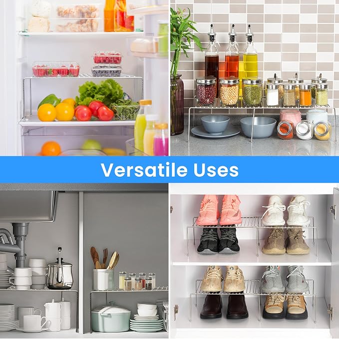 Tomorotec Spice Rack Cabinet Organizer, Expandable Steel, Kitchen, Silver | Stackable Two-Pack Storage Shelves with Anti-Slip Protective Rubber Feet for Pantry or Countertop
