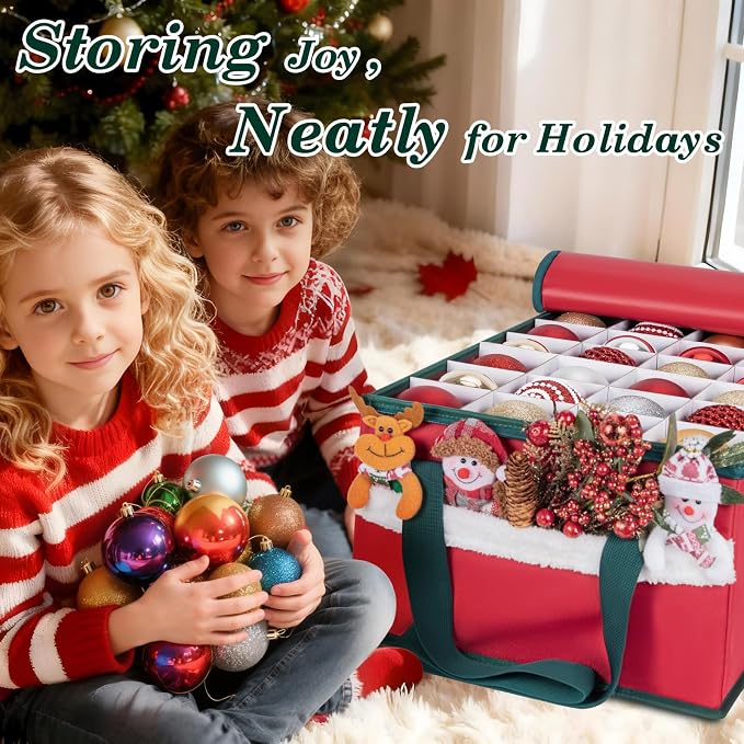 Christmas Ornament Storage Box with Adjustable Dividers Zippered Top Stores up to 72 Holiday Ornaments (3 Inch) Xmas Ball Decorations Organizer Storage Container Bin