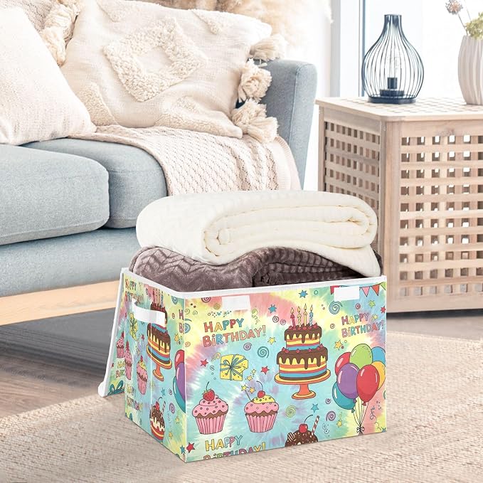 Fabric Storage Bins with Lid Birthday Cake Closet Storage Basket 40L | Decorative Storage Boxes, Foldable & Stackable, Dust-Proof Flip Top, Reinforced Handles, For Home & Dorm, Clothes & Toy Box