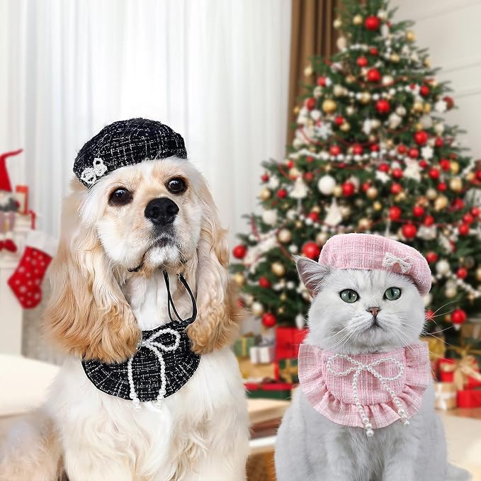 HOWWFALY 2PCS Cat Beret Hat with Pearl Bowtie, Adjustable Bandana Scarf Set Pet Princess Costume for Halloween Christmas, Cat Dog Birthday Party Apparel(Black Pearl)