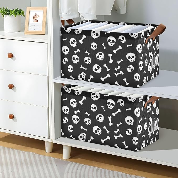 Black and White Skulls and Bones Storage Basket Foldable Cube Storage Bins with Handles&Label Waterproof Collapsible Organizer Box Bin Large Rectangle Decorative Baskets for Shelves Home Room Laundry