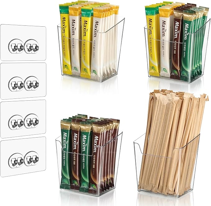 Clear Acrylic Pen Holder, 4 Pack Cabinet Door Organizer Adhesive, Bathroom Wall Mount Caddy Kitchen Plastic Storage Bin Box for Office Marker,Art Supply, Small Cleaning Supply, Seasoning Drink Packet