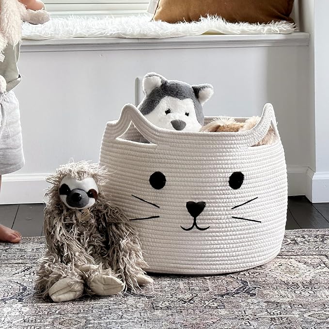 Large Woven Rope Cat Toy Basket with Cat Face Design, White | 15.7" x 11.8" Toy Bin & Box for Living Room Nursery, Baby Storage Basket for Towels, Blankets, with Sturdy Handles