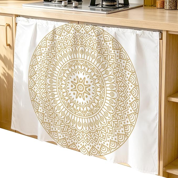 Beige Boho Cabinet Curtain 35"Wx35"L,Dustproof Under Sink Skirt W/ Self Adhesive Tape,Retro Farmhouse Ethnic Abstract Geometric Art Cabinet Curtain Cover for Kitchen Sink,Bathroom Vanity,Laundry Room