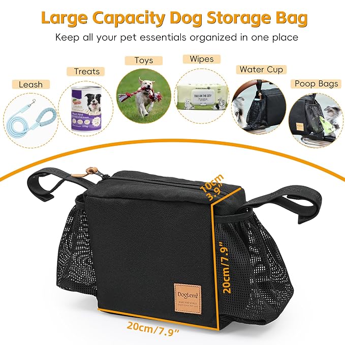 Dog Stroller Caddy Organizer Bag, Pet Stroller Caddy Handle Bag with Poop Bag Dispenser, Treat Pocket, Water Bowl, Large Non Slip Zipper Stroller Pouch for Dog Mom Walk,Travel,Indoor,Outdoor (Black)