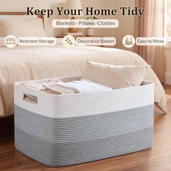 OIAHOMY 108L Super Large Blanket Basket, 25”x16”x16”(108L) Rectangle Woven Baskets for Storage, Cotton Rope Basket For Living Room, Toy Storage with Handle - Gradient Grey | Rectangle Woven Baskets for Storage Cotton Rope Basket For Living Room Toy Sto...