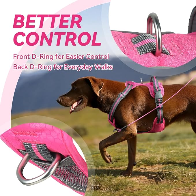 VIVAGLORY No Pull Dog Harness Vest Harness, XL, Pink - Patterned | with Handle Front and Back Clip for Training & Pulling, No Pull & Escape Proof Padded Adjustable for Pet Puppy