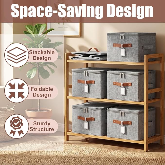 6 Pack Fabric Bins with Lids, 10 x 8 x 7 Inch Fabric Storage Bins with Zipper Lids and Labels, Decorative Foldable Storage Cubes with Handles for Closet Nursery Shelf Organization, Gray