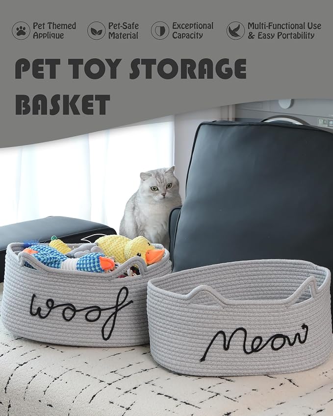Sea Team Cat Toy Storage Basket with Handles and Ears, Gray Meow | Large Cotton Rope Storage Bin, Shelf Basket, Organizer for Pet Chew Toys, Foods, 16.5 x 11 x 7 Inches, 4.4 Gallons