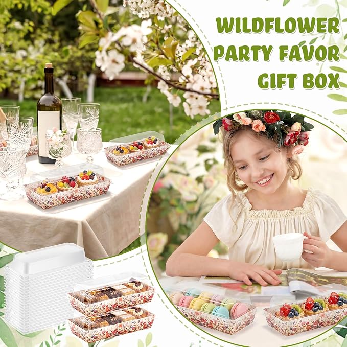 Bokon 50 Pcs Spring Wildflowers Charcuterie Boxes with Clear Lids, Wild Flower Cookie Boxes with Window, Floral Disposable Food Containers Candy Treat Gift Tins for Sandwich, Cookie, Sushi, Cake Slice