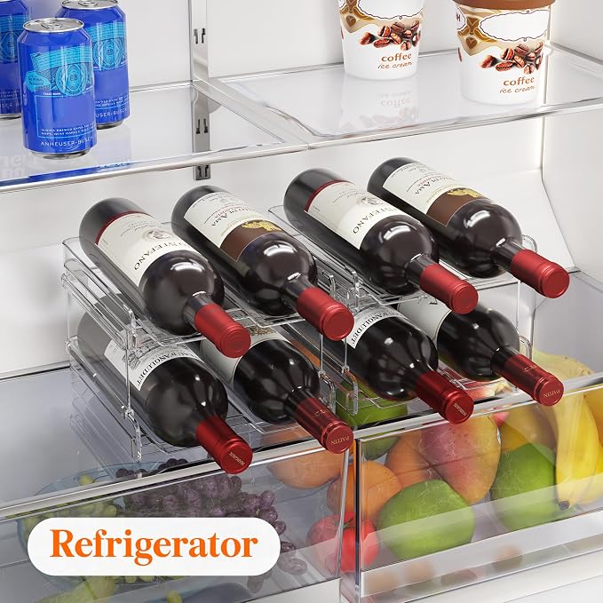 Lifewit Stackable Wine Rack for Cabinet, Plastic Refrigerator Wine Holder | Clear Water Bottle Storage Rack for Fridge Shelf, Tumbler Cup Organizer Holds 4 Bottles for Countertop, Kitchen Organization