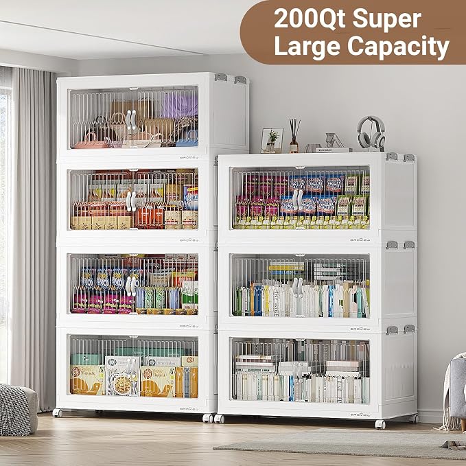 BROVIEW 600QT Extra Large Stackable Storage Bins with Lids, 3Pack White | 150Gal Plastic Collapsible Cabinets Containers, Wheels & PET Doors, Foldable Closet Organizers Drawers for Office, Dorm