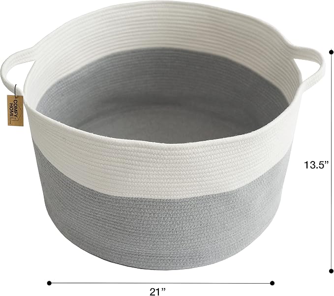 COMFY-HOMI XXXL Large Laundry Basket, Cotton Rope Nursery Woven Basket for Storage, Blanket Baskets Living Room Laundry Hamper, Dog Toy Storage Organizer, Home Decor-21''x21''x13.6''-White/Grey