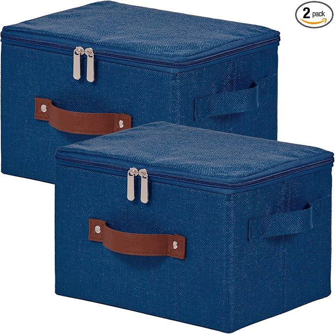 2PCS Storage Bins with Zipper Lids Decorative Lidded Basket Box | Clothes Container, Closet Shelf Organizer, Foldable Washable, Cotton Linen Fabric, w/ PU Leather Handles, Deep Blue, Small